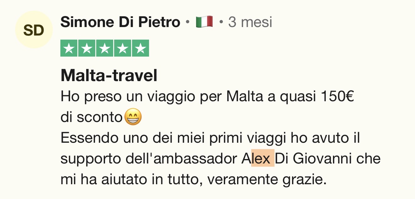 Recensione Trustpilot di Simone Di Pietro — Malta travel, sconto quasi 150€