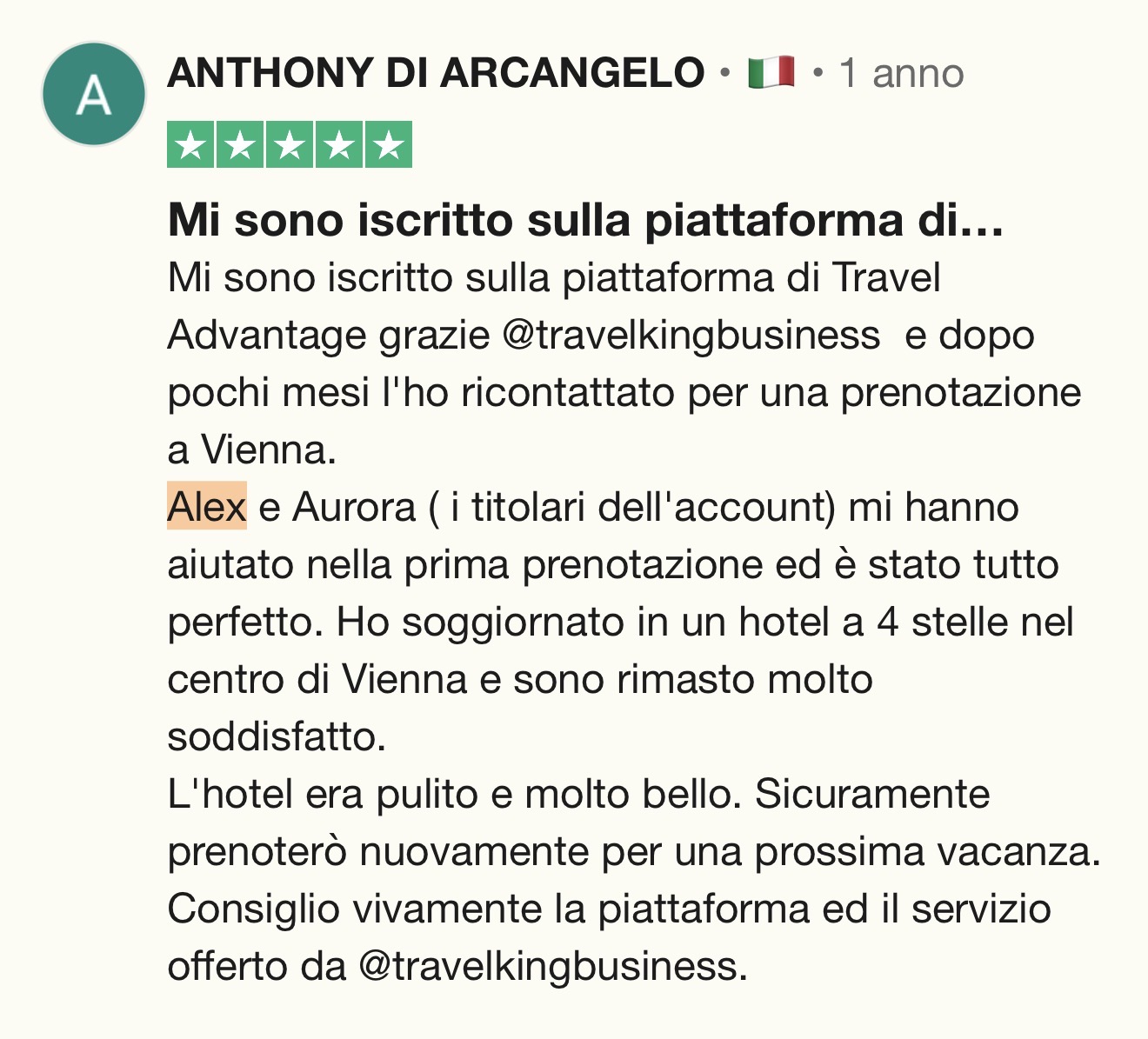 Recensione Trustpilot di Anthony Di Arcangelo — prenotazione a Vienna