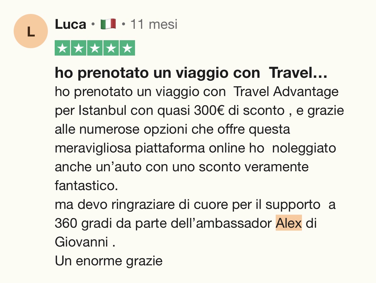 Recensione Trustpilot di Luca — viaggio a Istanbul, sconto quasi 300€